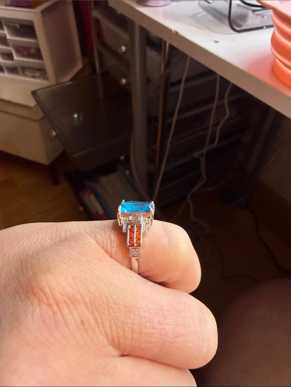 Vintage-Style Blue Gemstone Cocktail Ring with Red Accent Stones